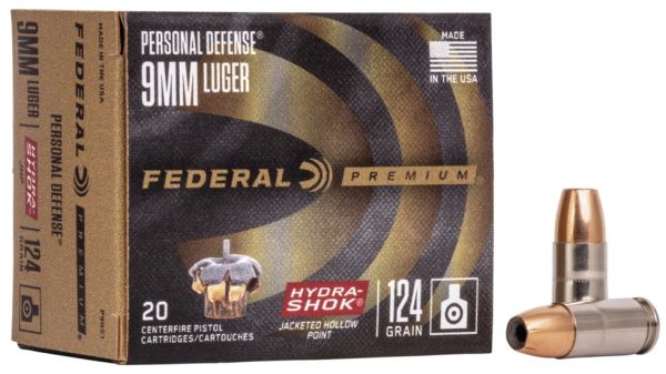 Federal Premium 9mm Luger 124 grain Hydra-Shok Jacketed Hollow Point (JHP) Brass Casing Centerfire Pistol Ammunition  500 RDS
