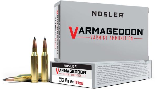 Nosler Varmageddon .243 Winchester 55 Grain Flat Base Tipped Brass Cased Centerfire Rifle Ammunition 500 ROUNDS