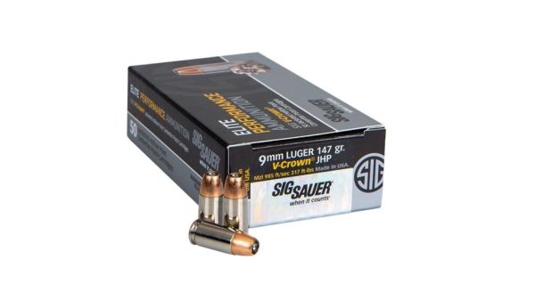 Sig Sauer Elite V-Crown 9mm Luger 147 grain Jacketed Hollow Point (JHP) Brass Casing Centerfire Pistol Ammunition
