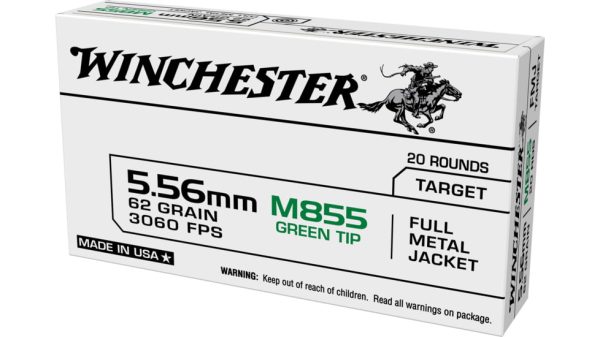 Winchester USA 5.56x45mm NATO 62 grain Green Tip (M855) Full Metal Jacket Boat Tail (FMJBT) Brass Centerfire Rifle Ammunition 500RDS