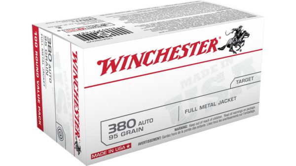 Winchester USA HANDGUN .380 ACP 95 grain Full Metal Jacket Brass Cased Centerfire Pistol Ammunition 500 RDS